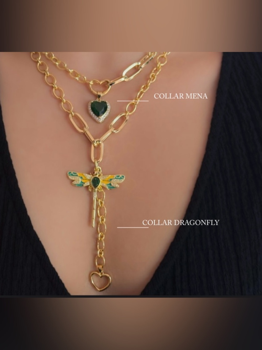Gold Dragonfly Layered Pendant Necklace with Green Accents